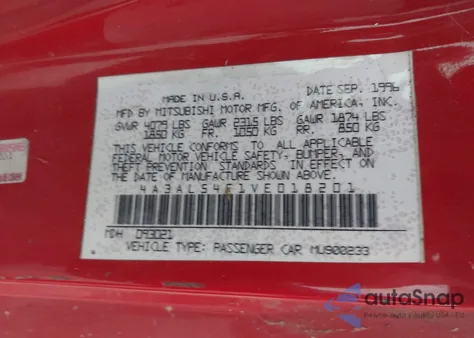 1997 Mitsubishi Eclipse Gsx z USA, uszkodzony, nr VIN 4A3AL54F1VE018201